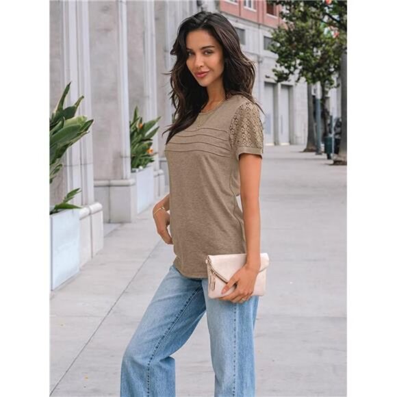 Women's Short Sleeve Shirts Dressy Lace Summer Tops 2025 Spring Trendy - Picture 3 of 6